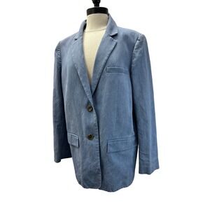 Everlane Blazer Womens 10 Blue Excellent Linen Blend Notched Lapel Lined